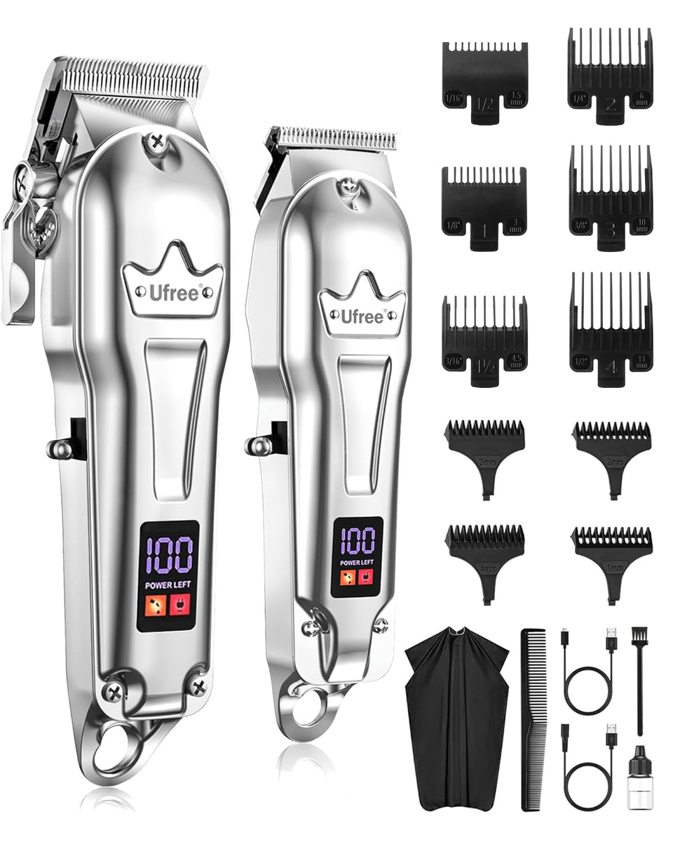Ufree front view of clippers kit showing sleek silver finish and included accessories for professional results
