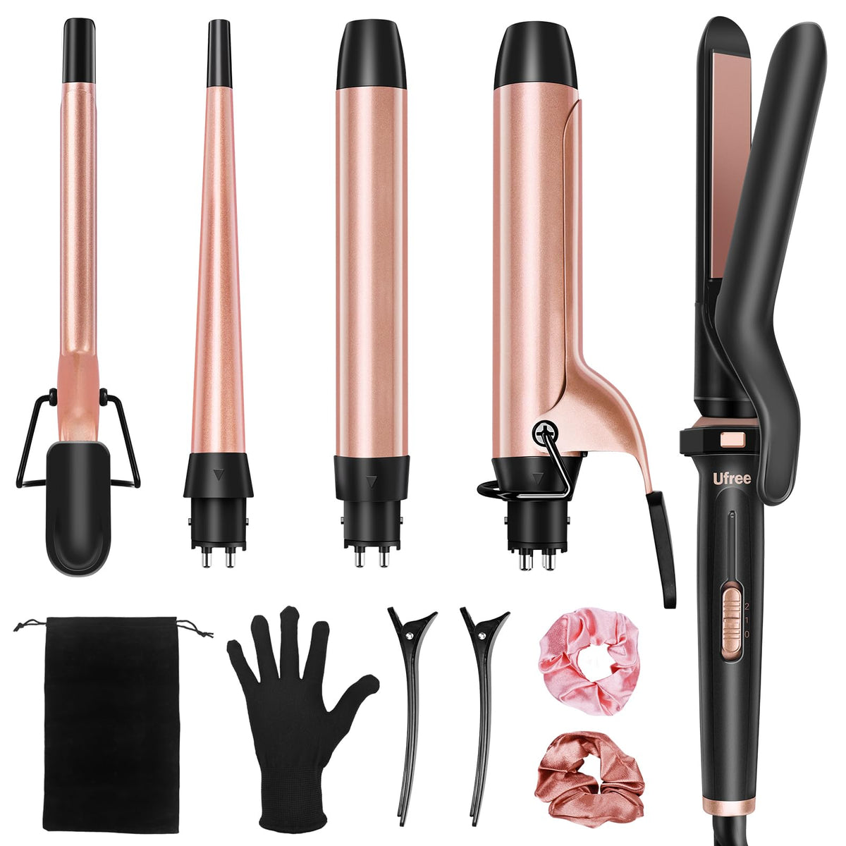 Ufree front view of full 5-in-1 curling set showing handle and barrels for styling variety