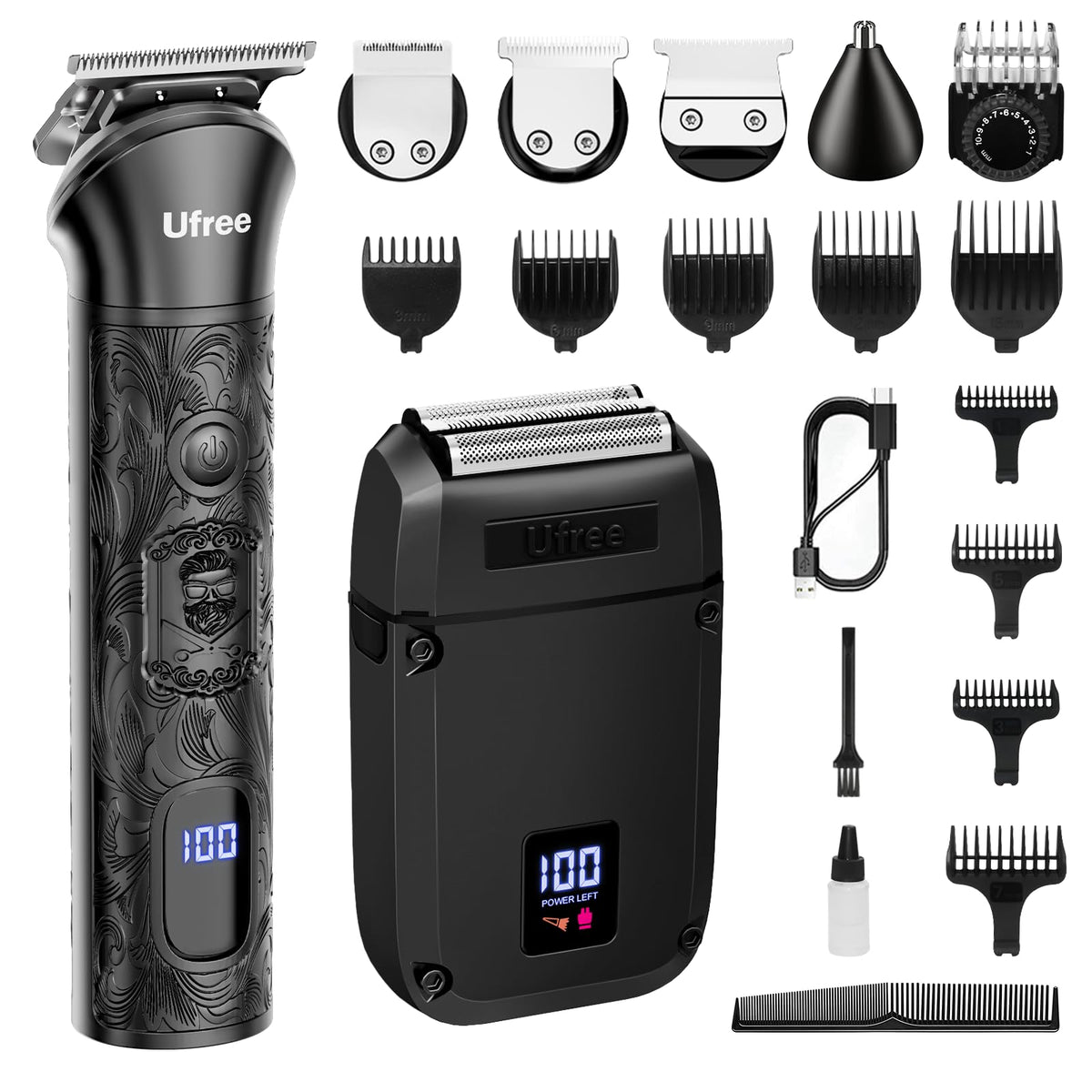 Ufree full kit front view showing all grooming heads and accessories for versatile styling