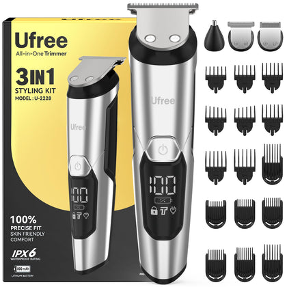 Ufree front view grooming kit showing device and guards for versatile trimming