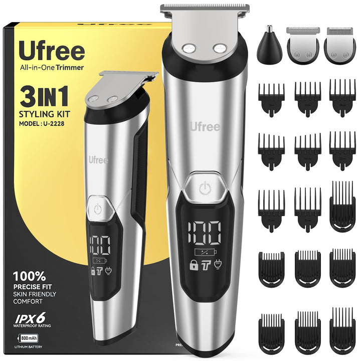 Ufree front view grooming kit showing device and guards for versatile trimming