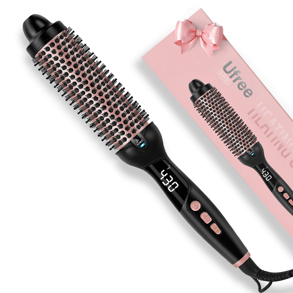 Ufree front view of heated round brush showing barrel and handle for quick styling