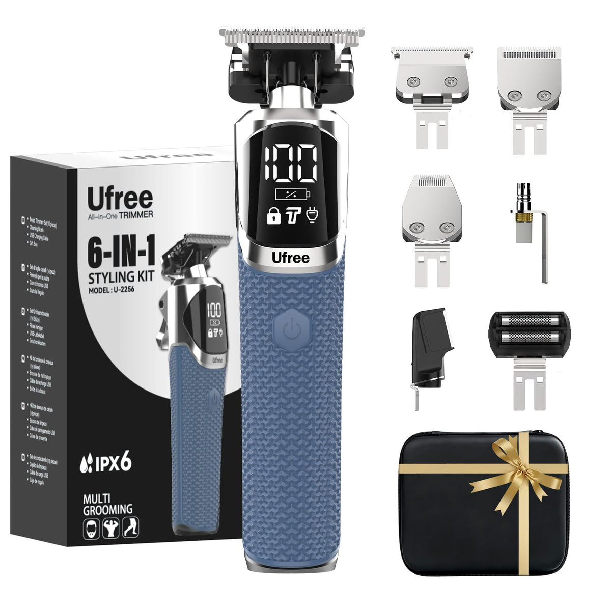 Ufree front view kit showing all included grooming tools and case for versatile grooming