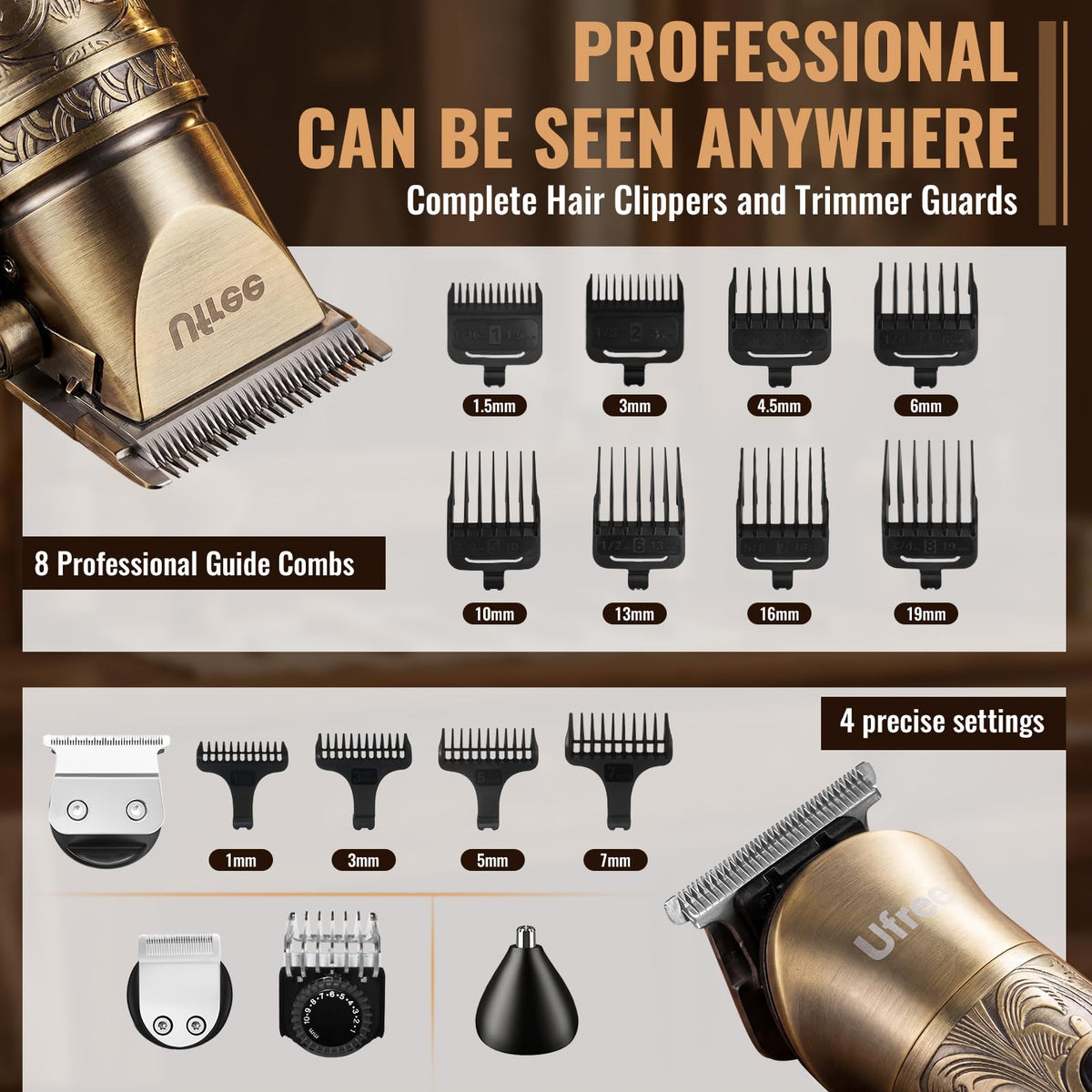 Ufree guide combs and accessories layout for versatile haircut lengths
