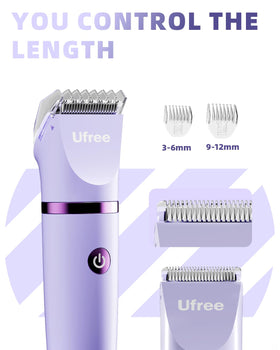Ufree trimmer in use on bikini area illustrating gentle, targeted trimming