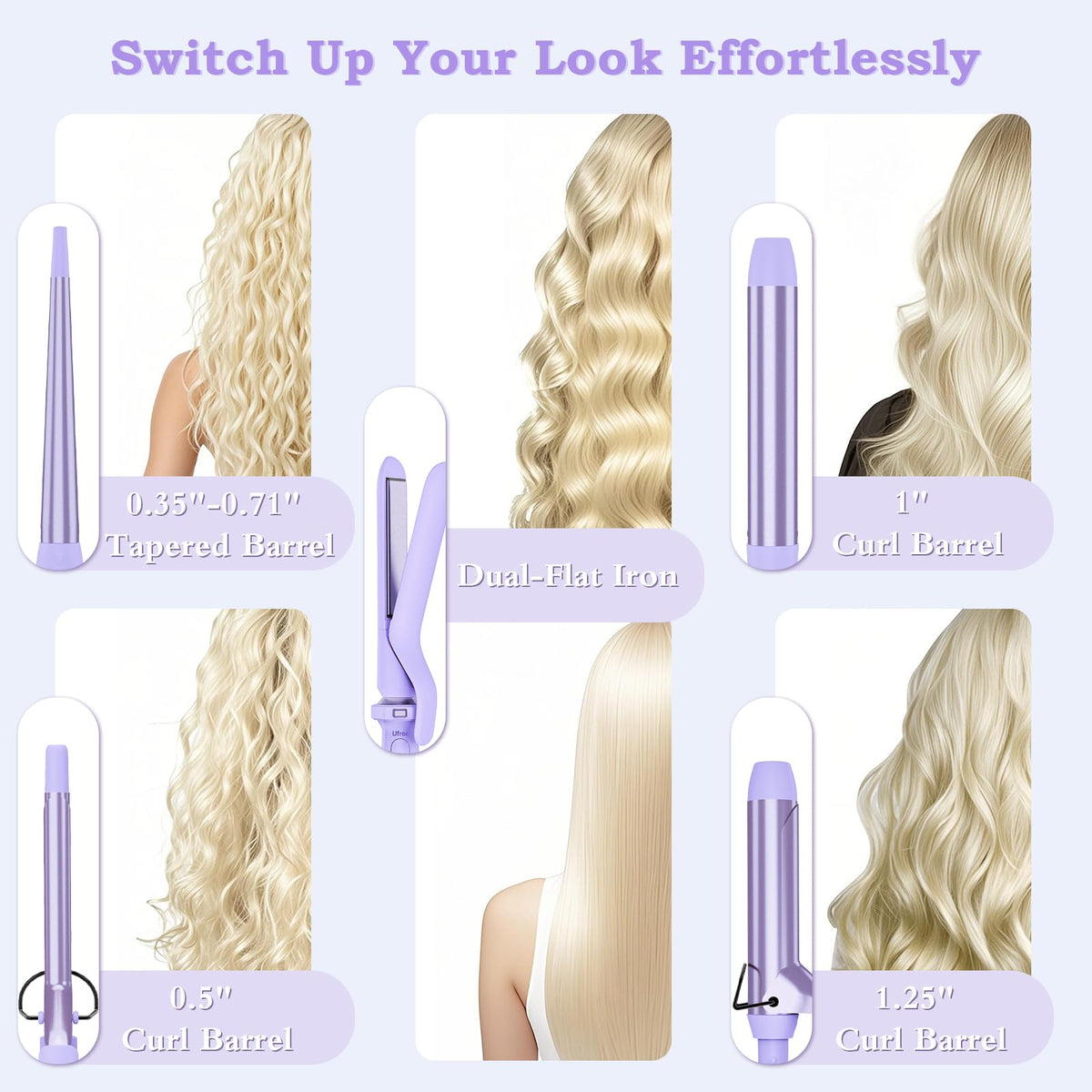 Ufree interchangeable barrels arranged to show sizes and clipping options for styling versatility