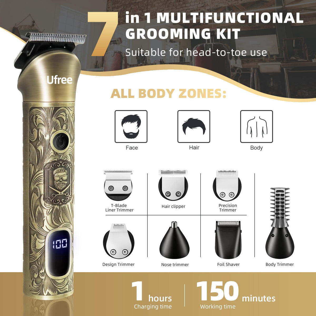 Ufree metal body close-up showing durable finish and ergonomic grip for comfortable use