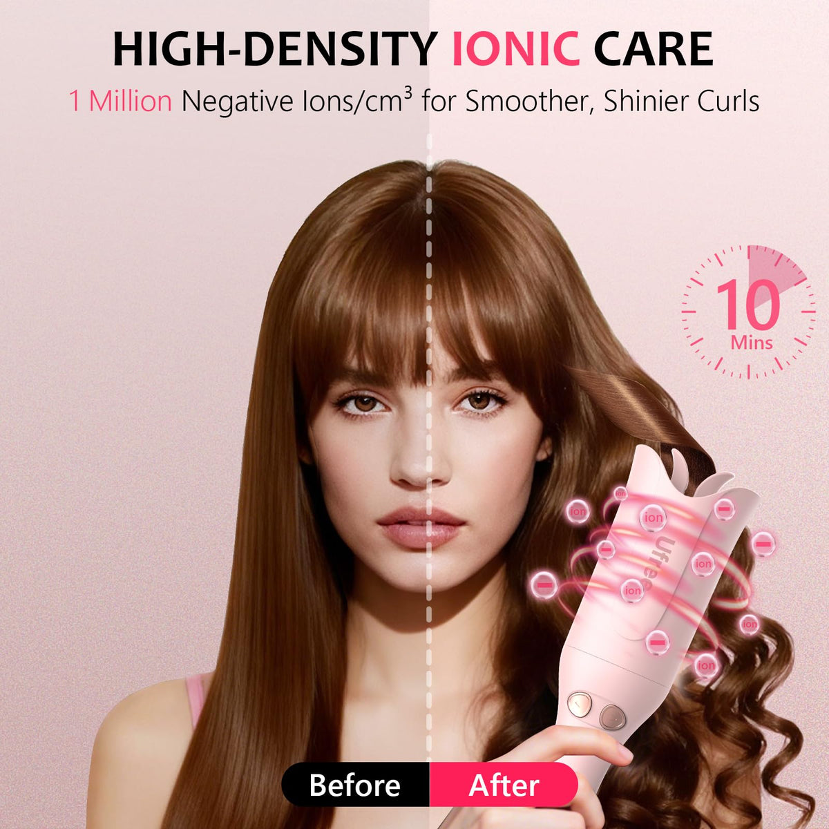 Ufree one-click control button close-up for simple automatic curling and fuss-free use