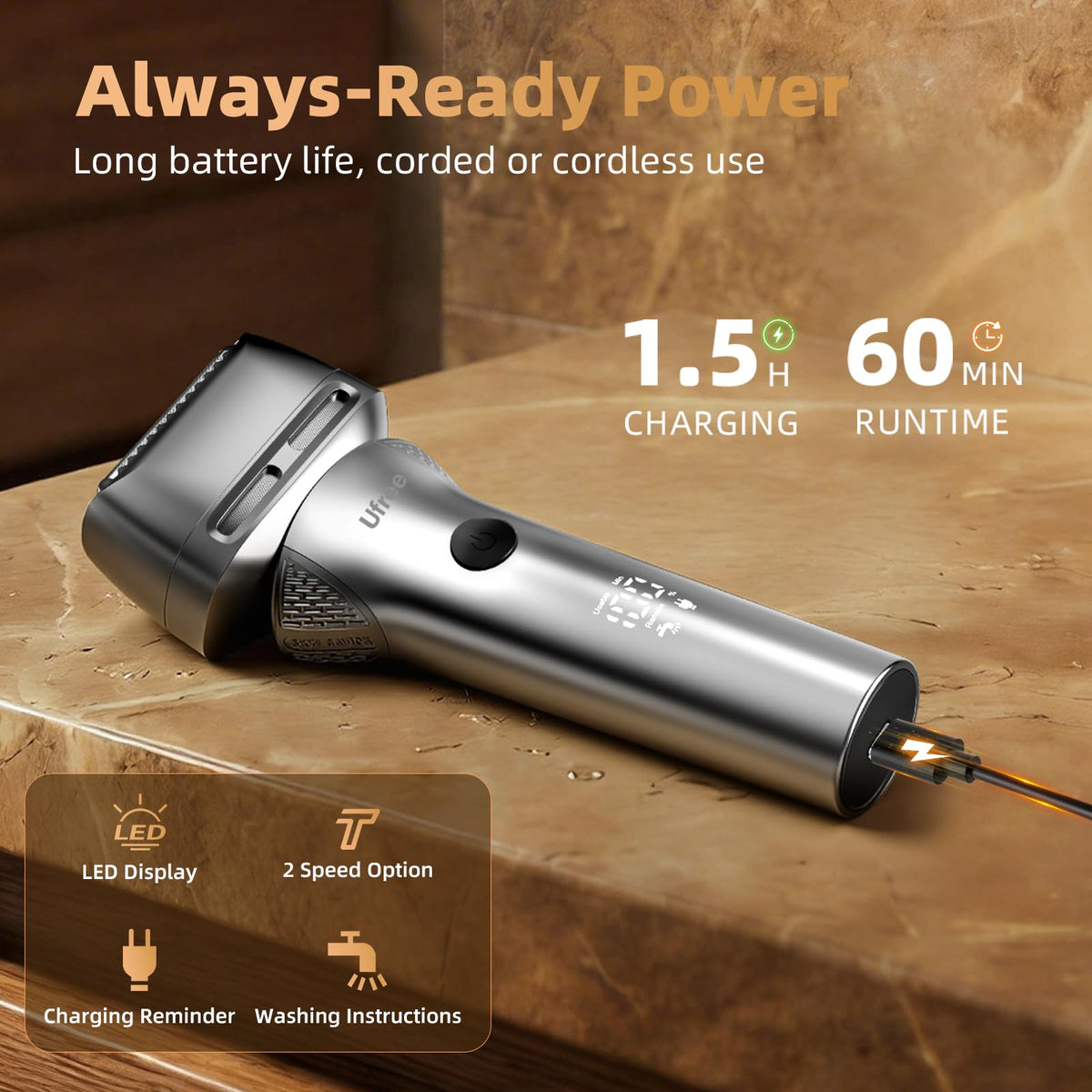 Ufree shaver held in hand to show compact size and portability for travel-ready grooming
