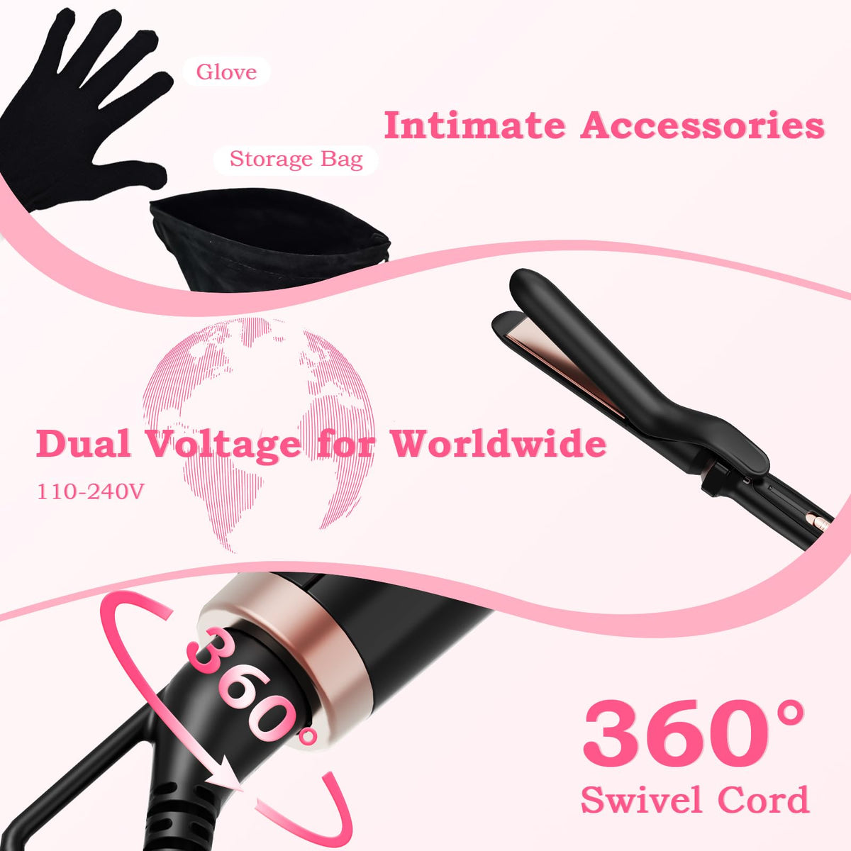 Ufree swivel cord and control panel showing tangle-free movement and two heat settings