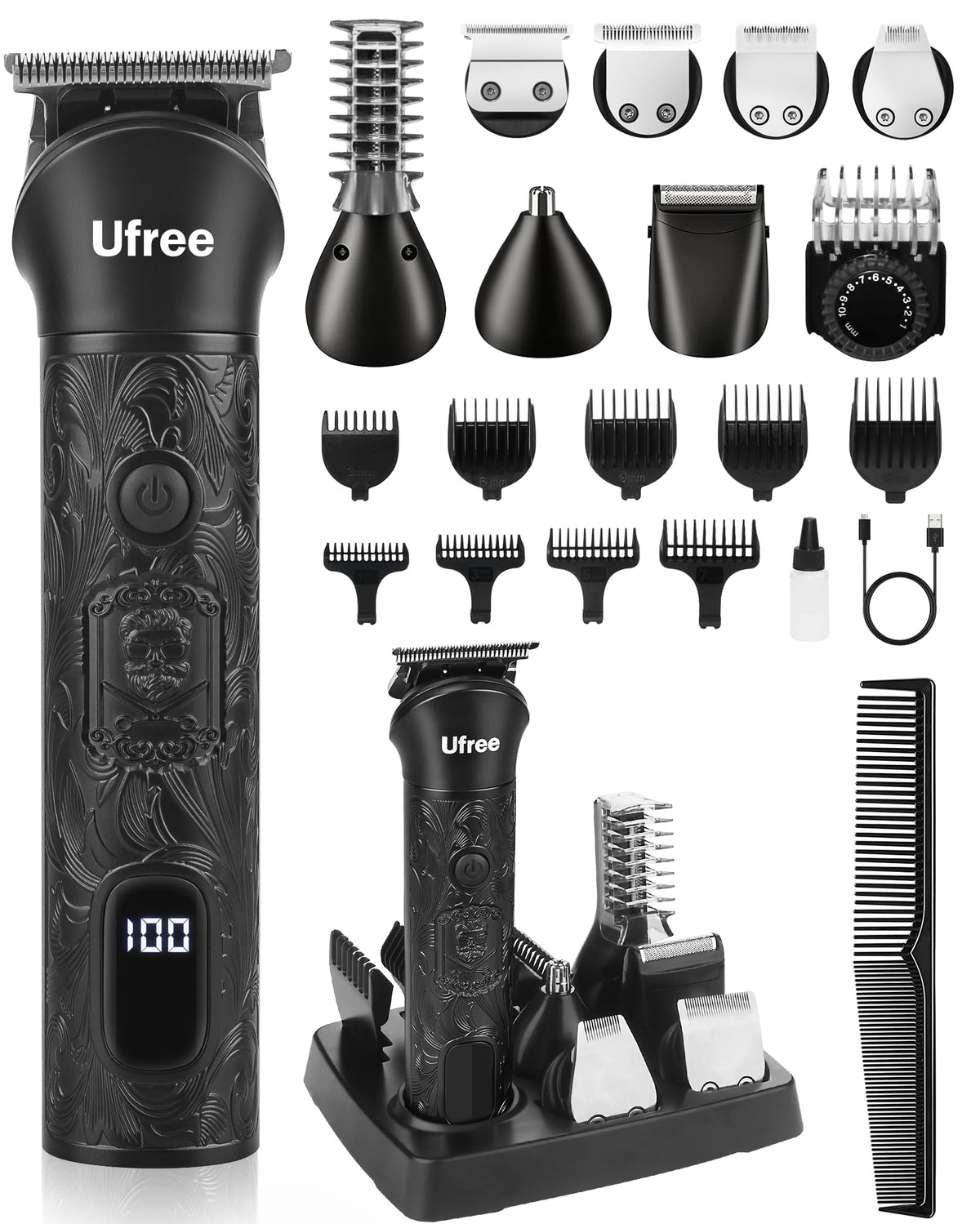 Ufree trimmer front view showing kit layout and portability benefit