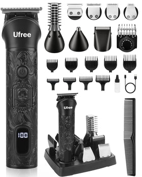 Ufree trimmer front view showing kit layout and portability benefit