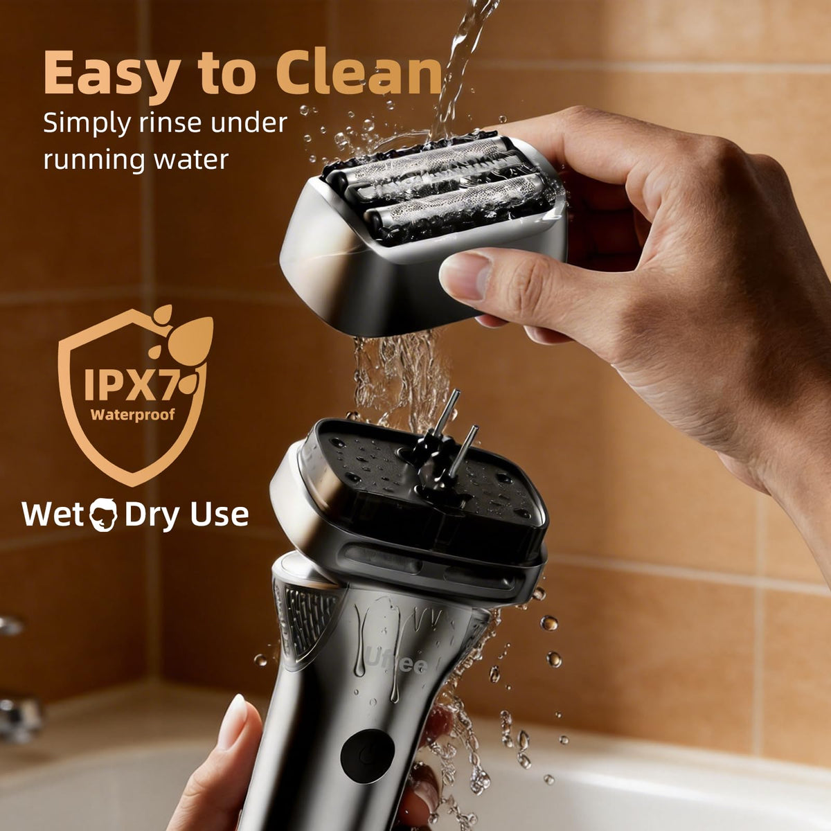 Ufree shaver being used in shower to demonstrate IPX7 waterproofing and wet shave convenience
