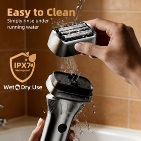 Ufree shaver being used in shower to demonstrate IPX7 waterproofing and wet shave convenience