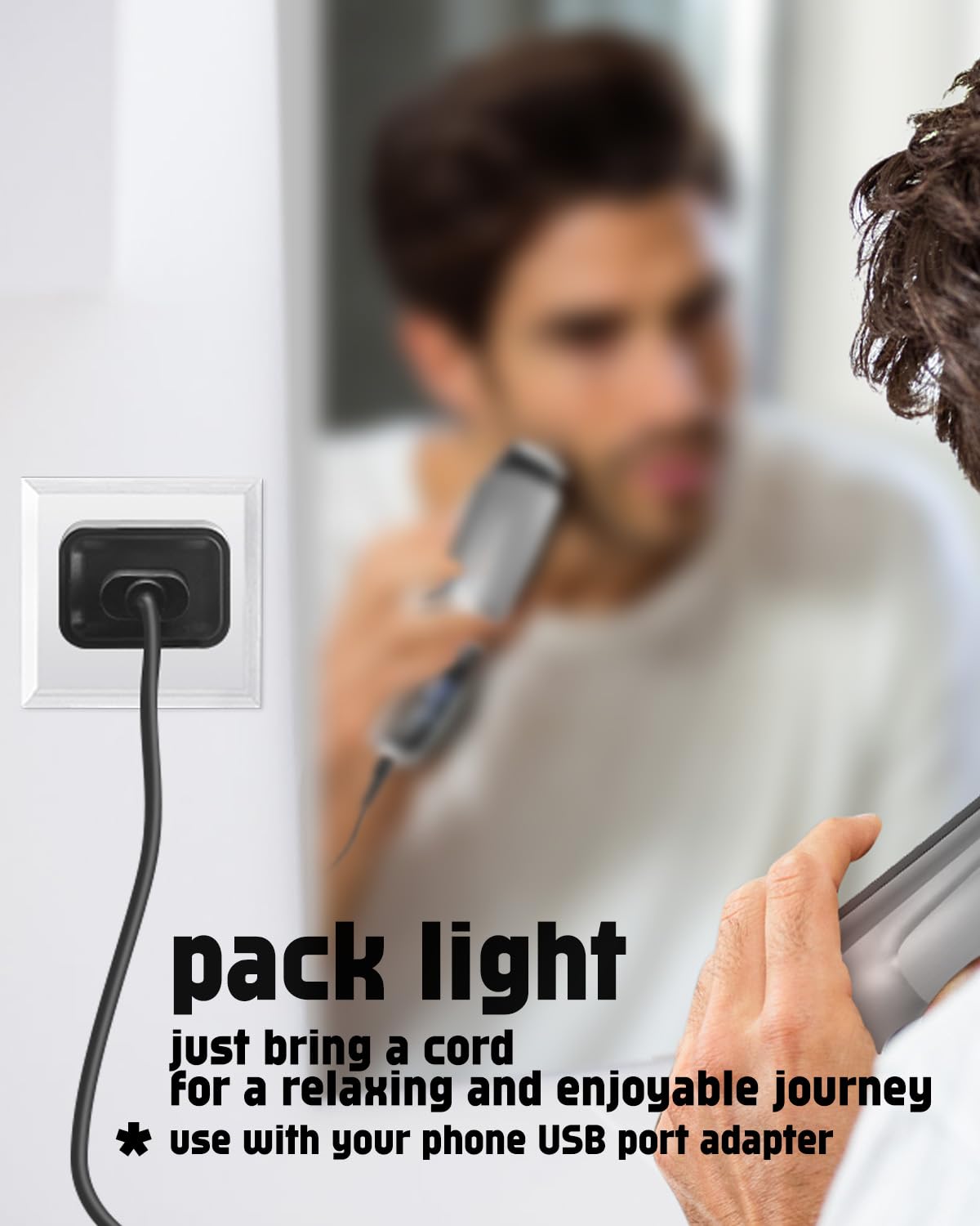 uijino OLOV charger packed in a travel kit next to toiletry bag for on-the-go grooming