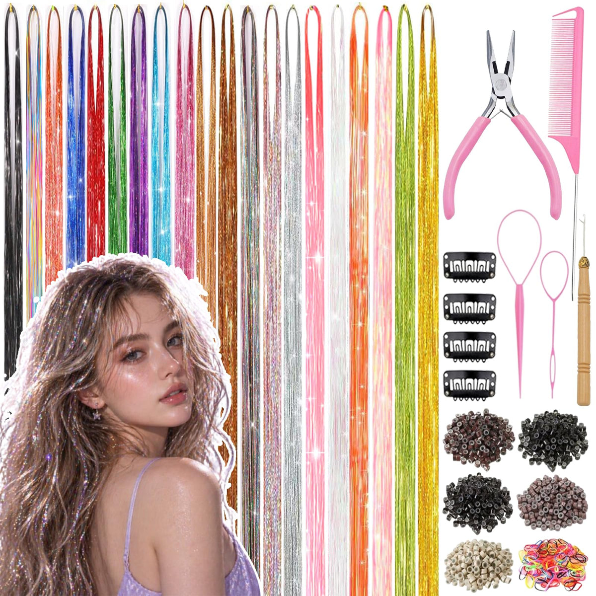 Uikreo front packaging showing full 20-color hair tinsel kit and tools for instant styling