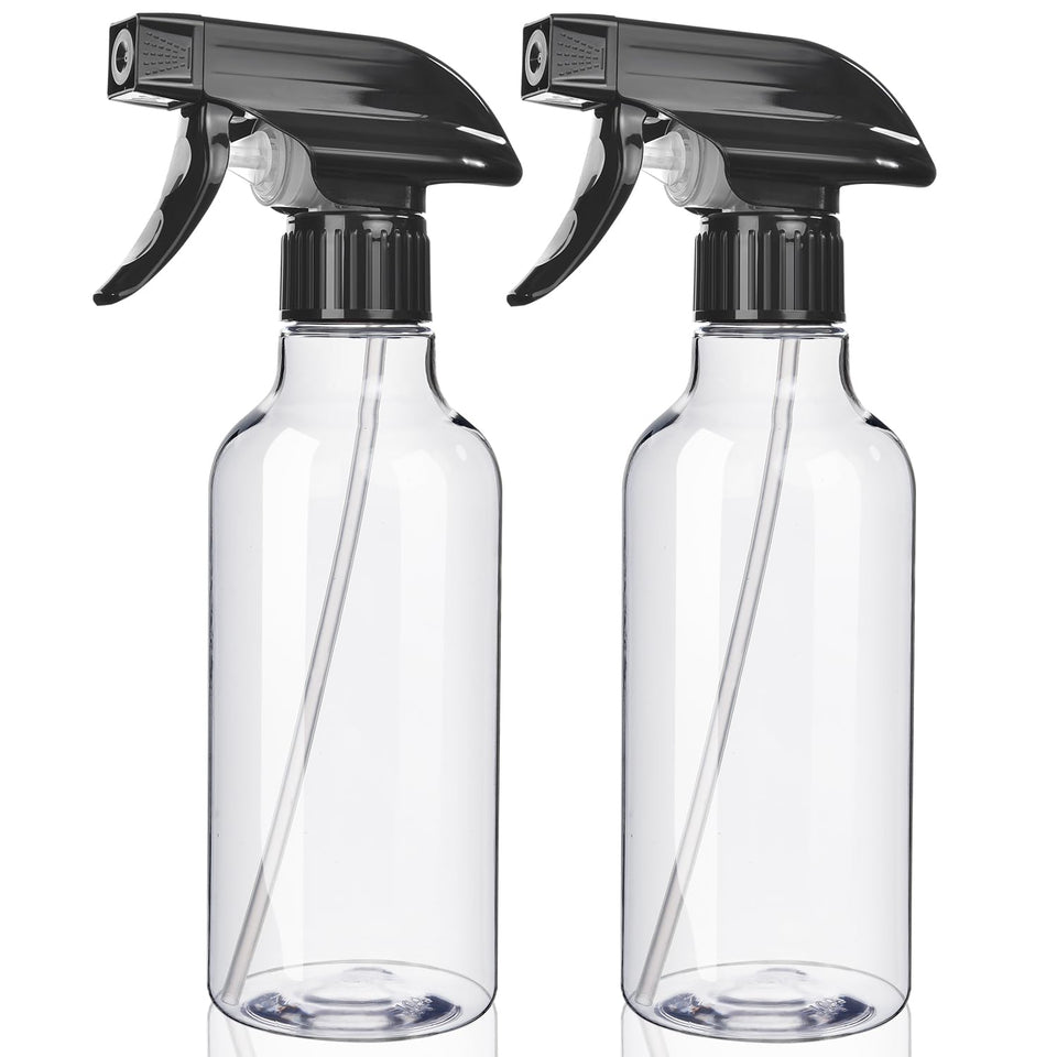 Uineko front view of two clear 10oz bottles showing labels and sprayers, durable