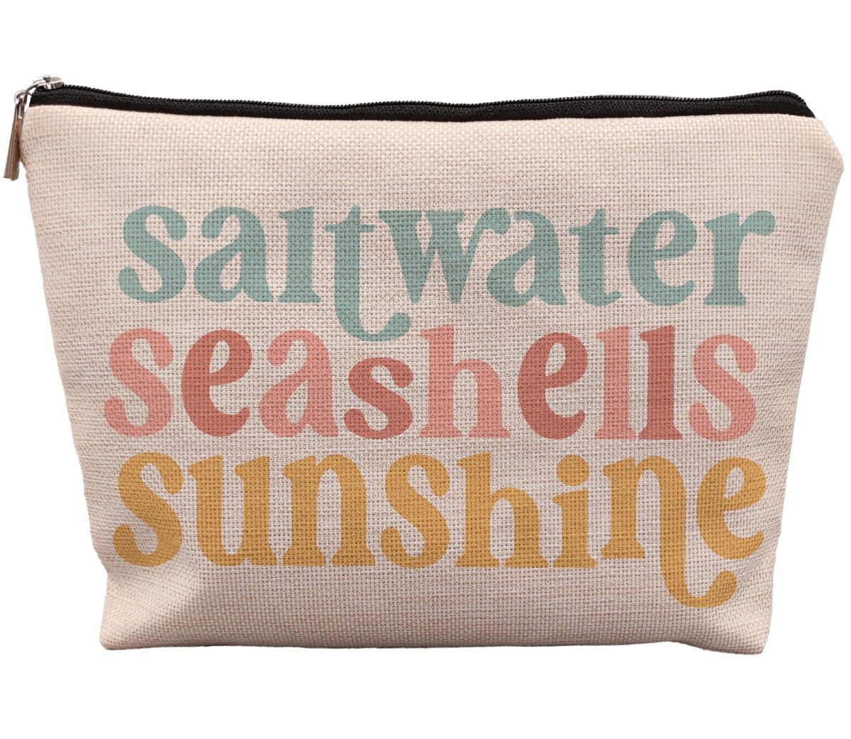 uinwk front view of beach makeup bag shows seashell print and secure zipper for travel