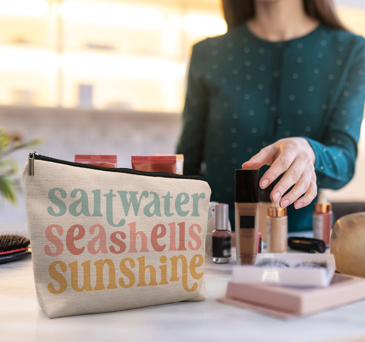 uinwk bag open with sunscreen and brushes demonstrating organized travel storage