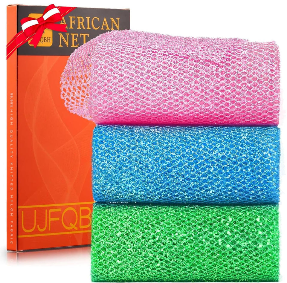 UJFQBH front packaging showing three bright long exfoliating nets, gift-ready