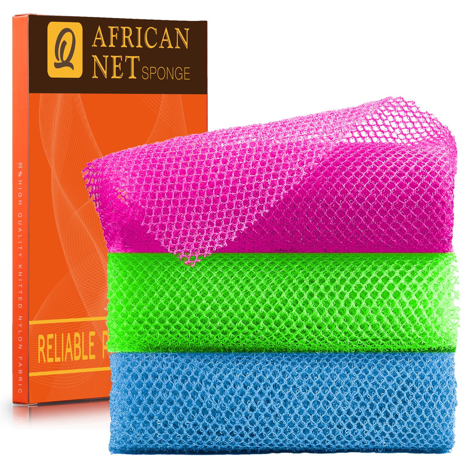 UJFQBH front packaging showing three-color bath sponge set and product benefits