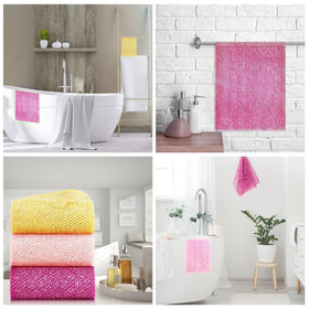 UJFQBH colorful sponges on bathroom shelf showing vibrant-style benefit