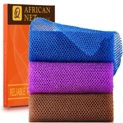 UJFQBH front view of three long net sponges showing colors and packaging benefit: clear product choice