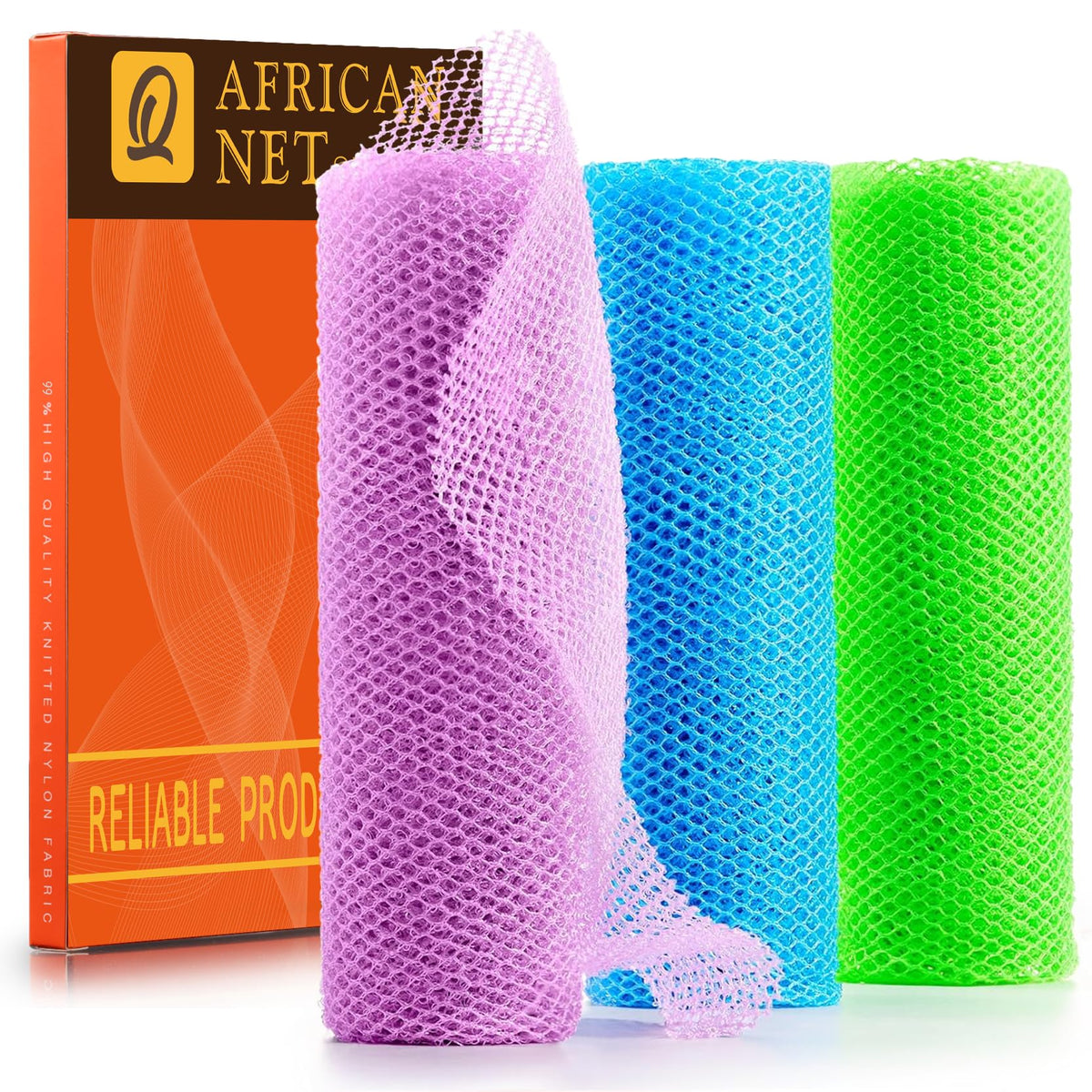 UJFQBH front view of three long net sponges showing colors and length, easy reach benefit