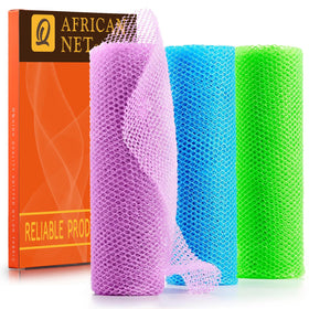 UJFQBH front view of three long net sponges showing colors and length, easy reach benefit