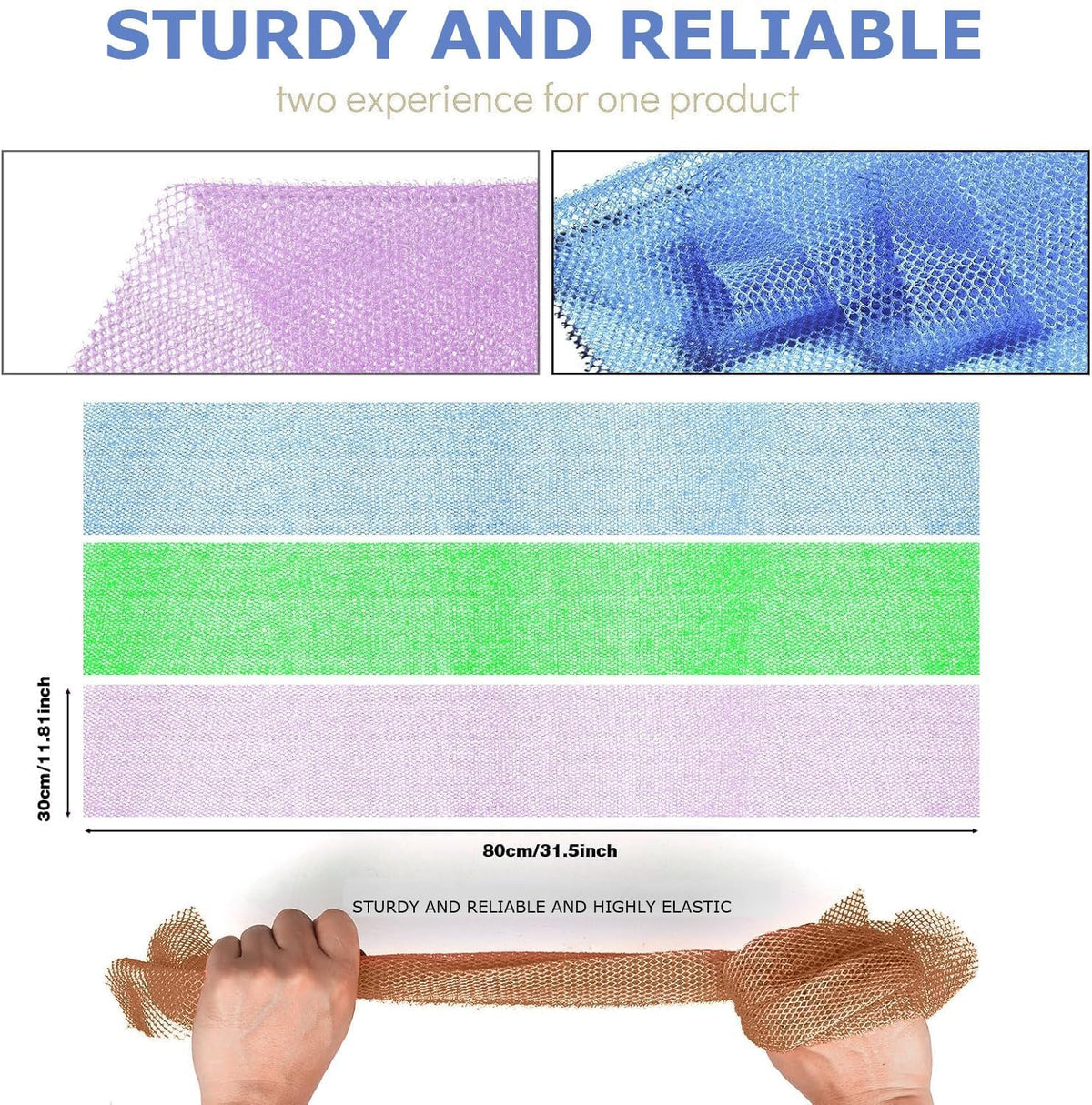 UJFQBH stretched sponge being pulled to show elasticity and reach for back cleaning
