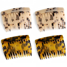 UKSKS front view of four tortoiseshell side combs showing polished finish and compact size, elegant accessory
