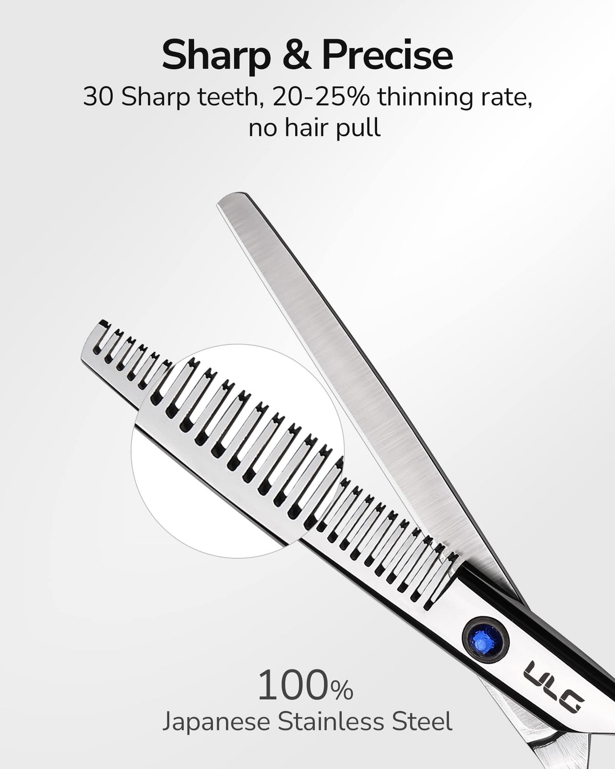 ULG close-up of the toothed thinning blade highlighting precise cutting teeth for even texturizing