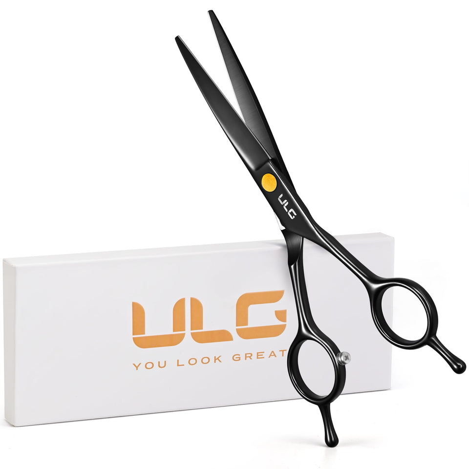 ULG front view of black 6.5-inch scissors showing professional packaging and sleek finish benefit