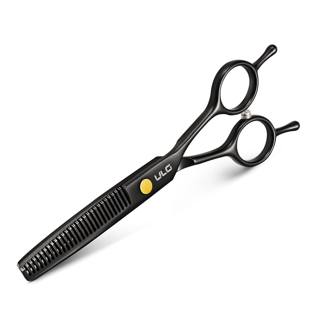 ULG front view of black thinning shears showing sleek finish and professional look