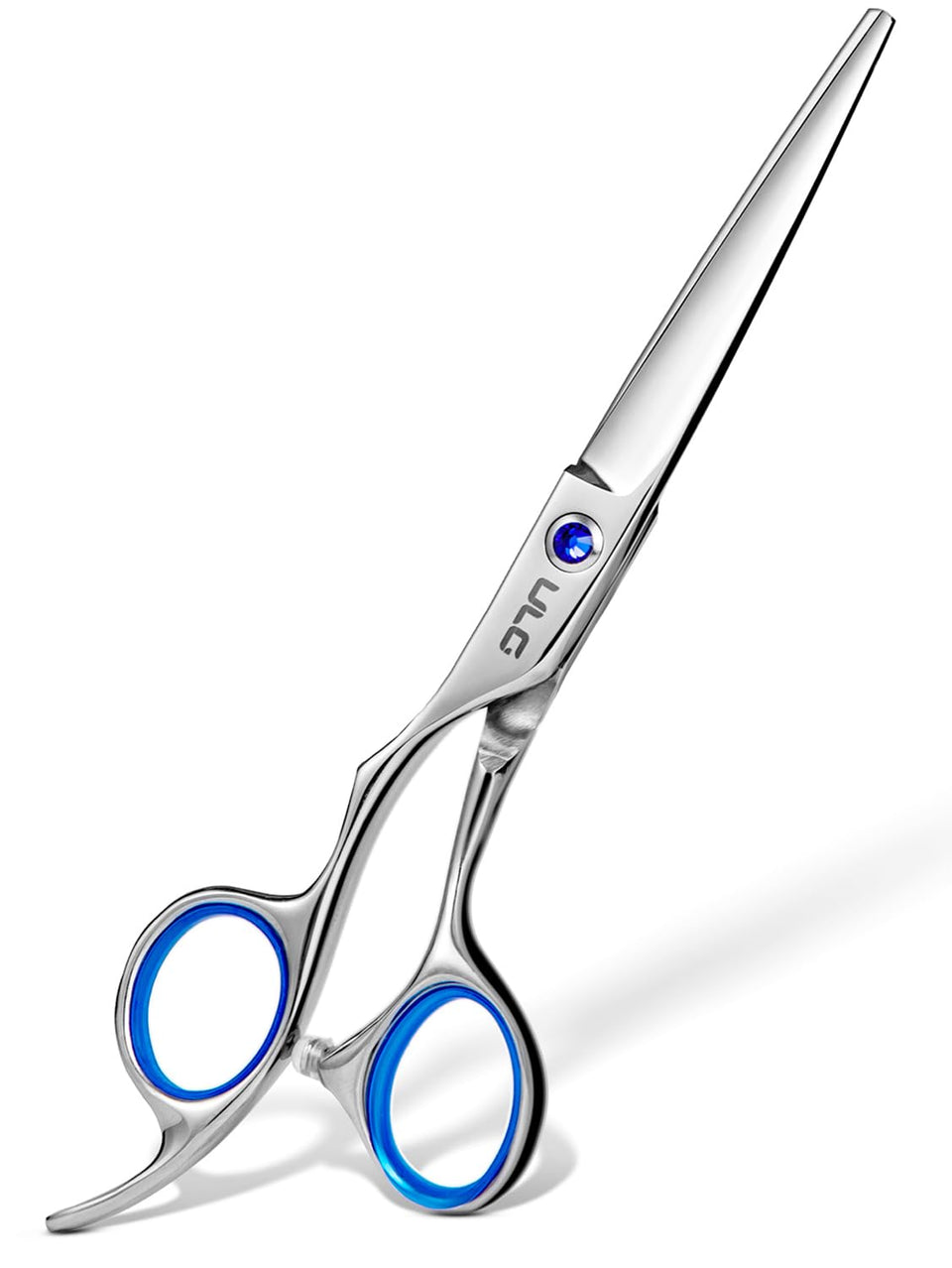 ULG front view of left-handed hair scissors showing full tool and ergonomic shape
