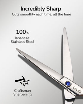 ULG scissors with packaging and oil showing protected shipping and care items