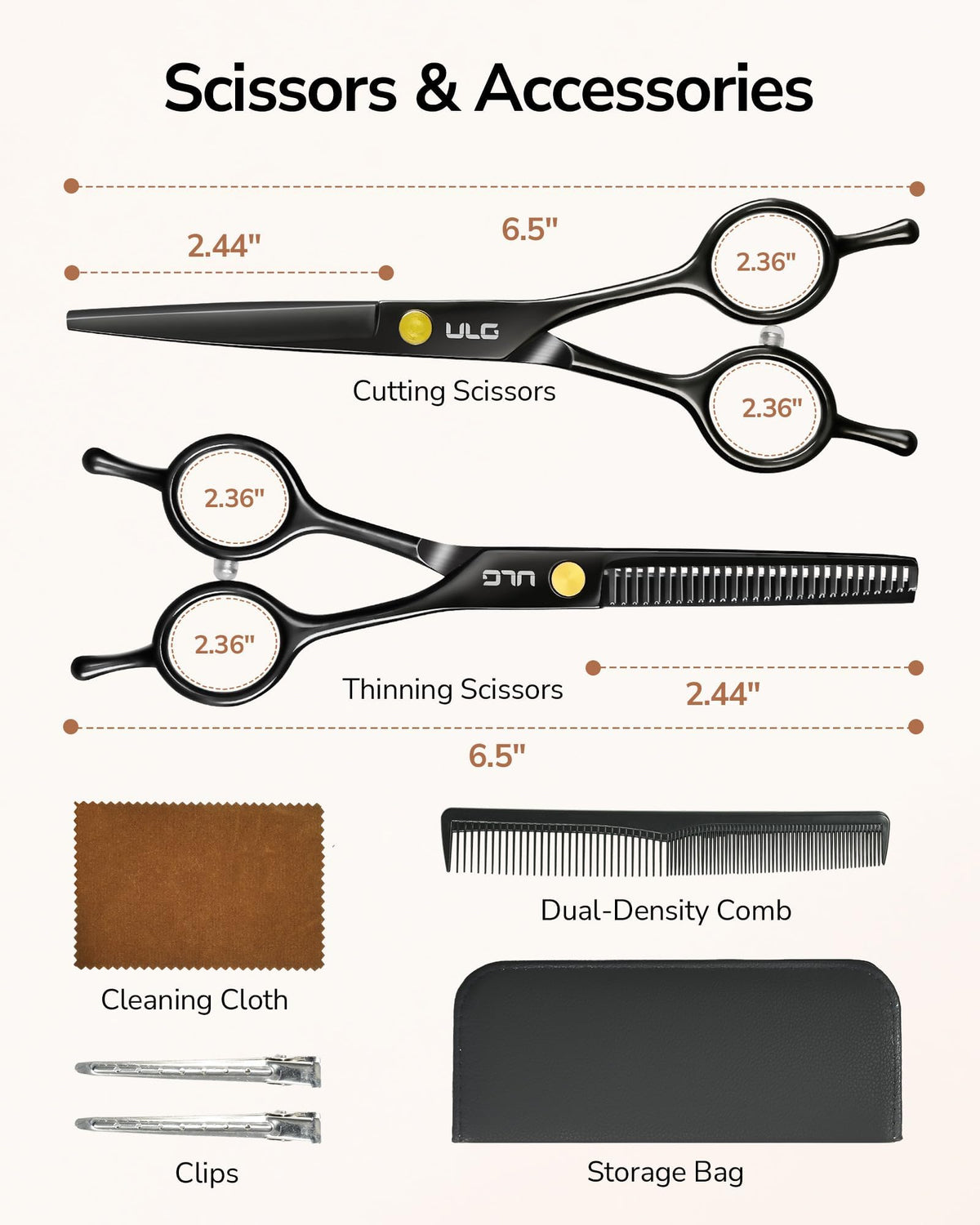 ULG scissors in hand for scale illustrating 6.5-inch professional size