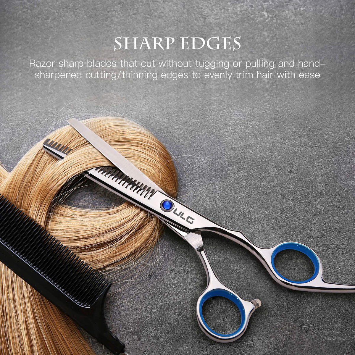 ULG scissors in salon use with stylist trimming hair for accurate results