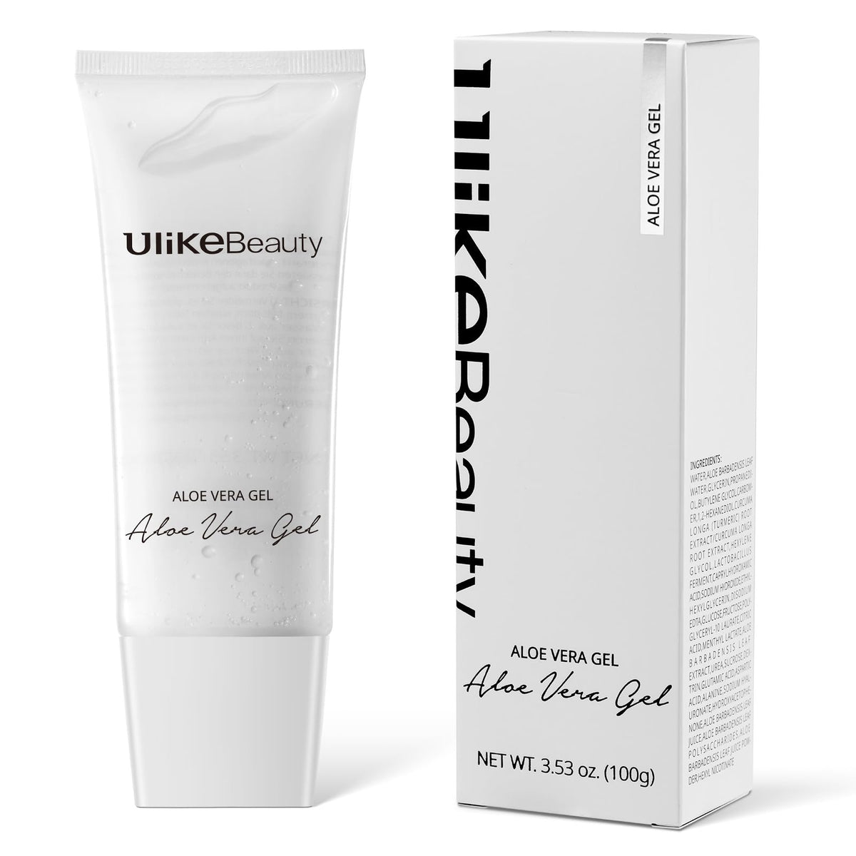 Ulikebeauty front label vera gel showing product name and 3.5oz size, calming benefit