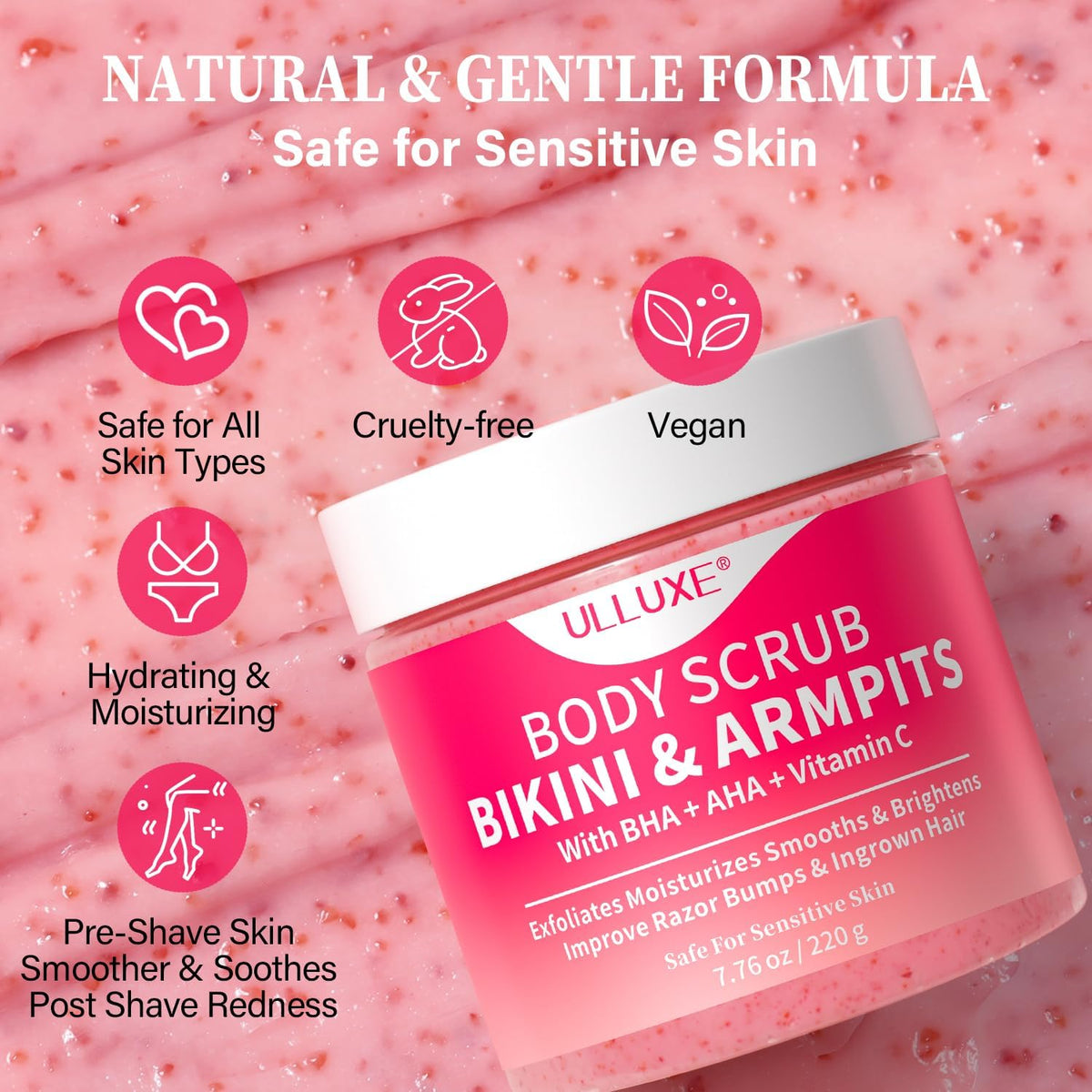 ulluxe close-up of scrub granules texture showing gentle exfoliation benefit