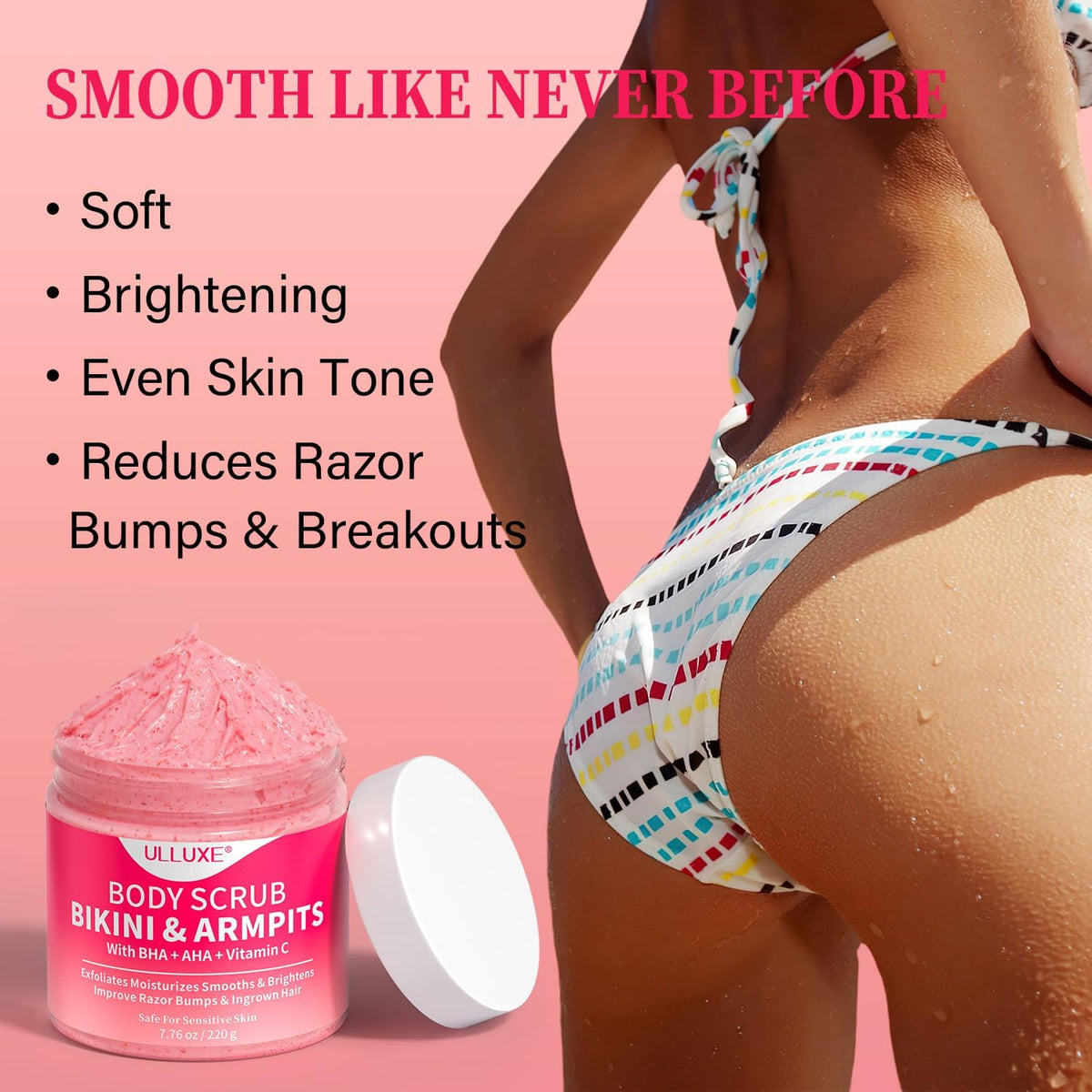 ulluxe using scrub on underarm in wet shower scene to reduce bumps benefit