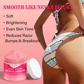 ulluxe using scrub on underarm in wet shower scene to reduce bumps benefit