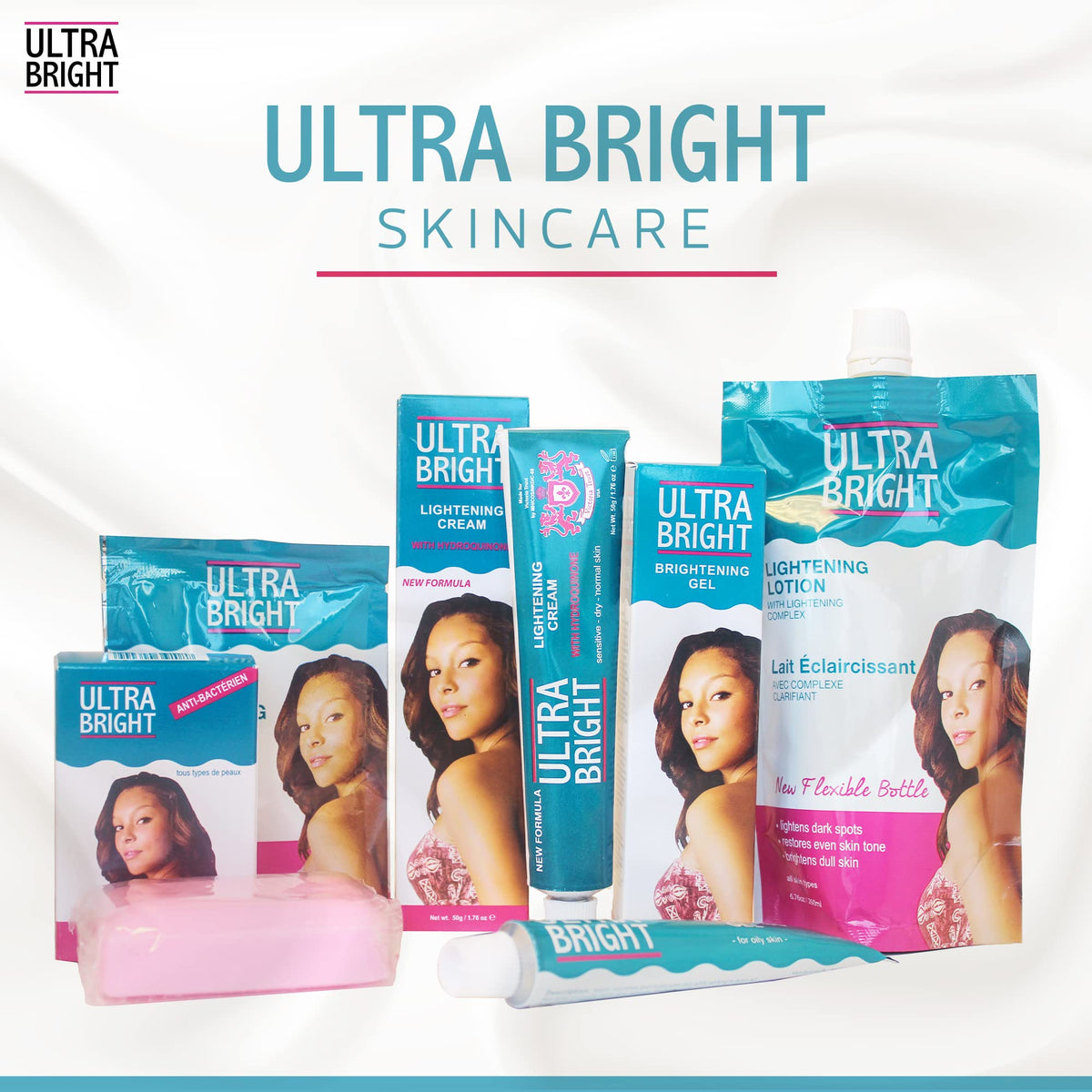ULTRA BRIGHT bottle on bathroom sink in routine setting, easy layering