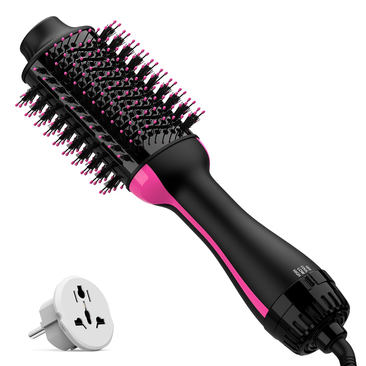 Umeely front view hot air brush showing controls and barrel for travel convenience