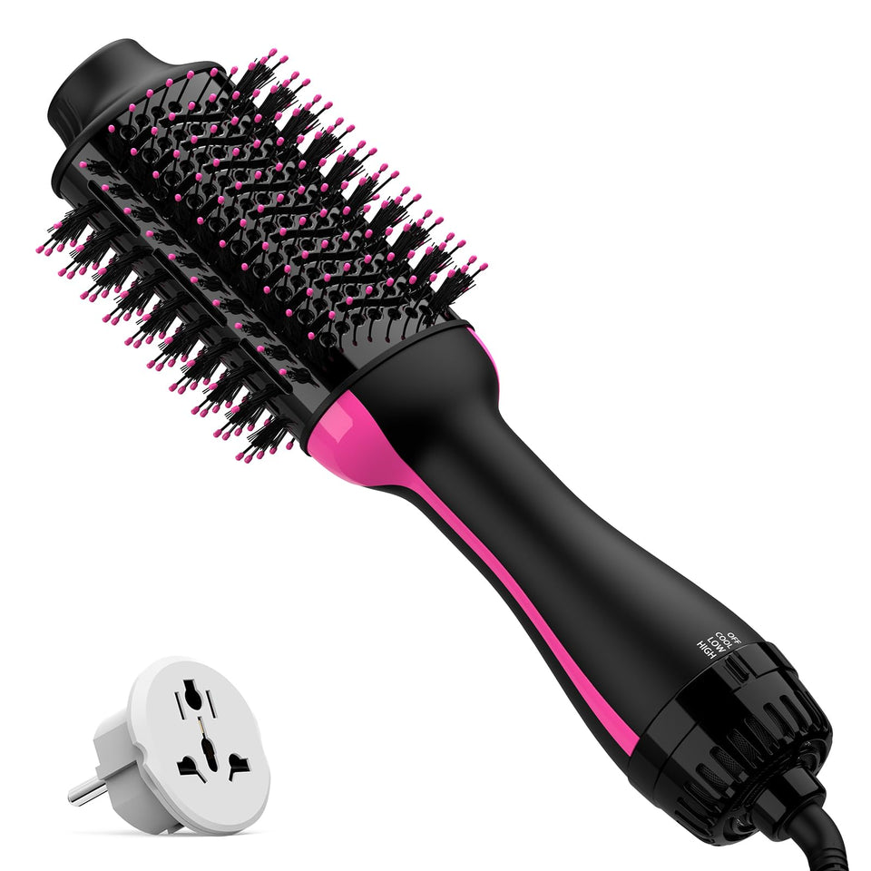 Umeely front view hot air brush showing controls and barrel for travel convenience