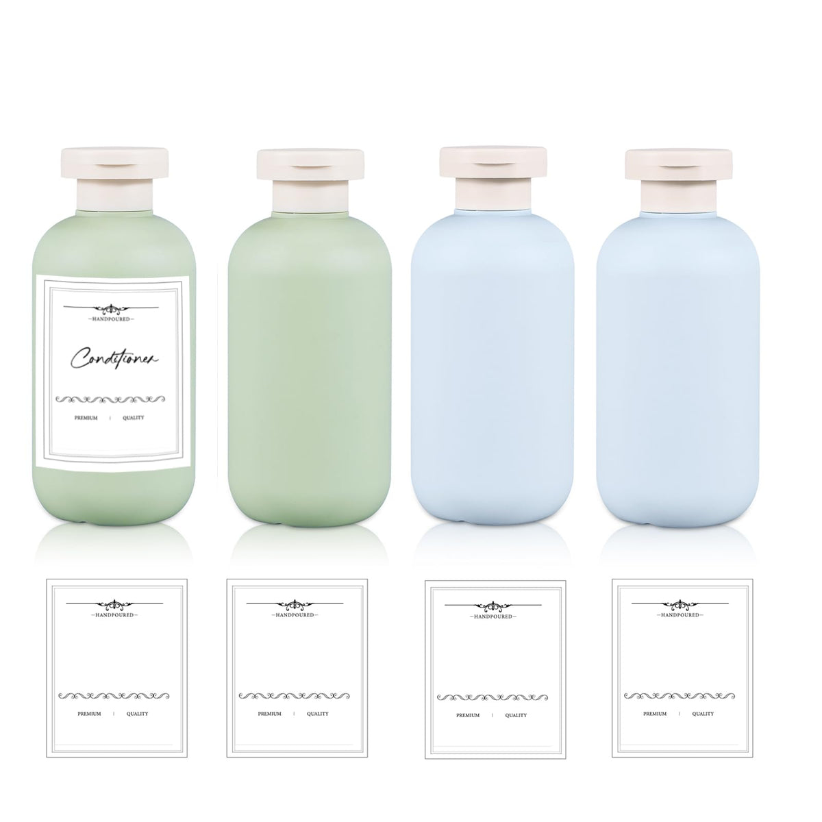 UMETASS front view of blue and green bottles showing travel-ready set and organized packing benefit