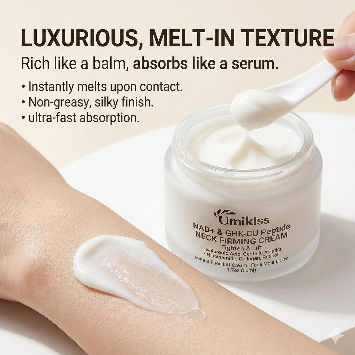 Umikiss used on décolleté in lifestyle scene for smoother skin appearance