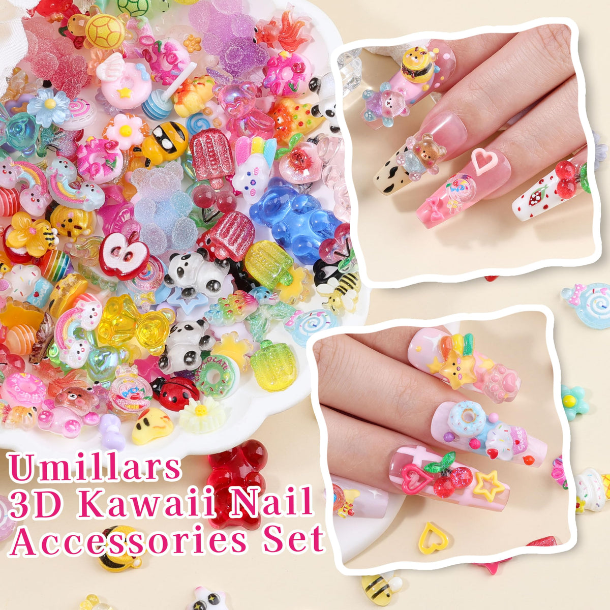 Umillars charms applied on nails illustrating colorful manicure upgrade