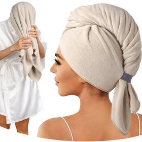 Umisleep front view of camel towel wrap showing full size and shape for fast drying