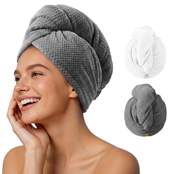 Umisleep front view of grey and white towel pair showing sizes and colors